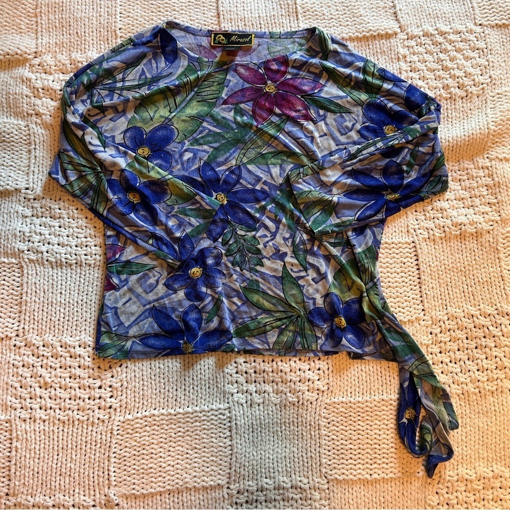 Vintage / y2K Mirasol Floral Smiley Face 3/4 Sleeve Top Size Small